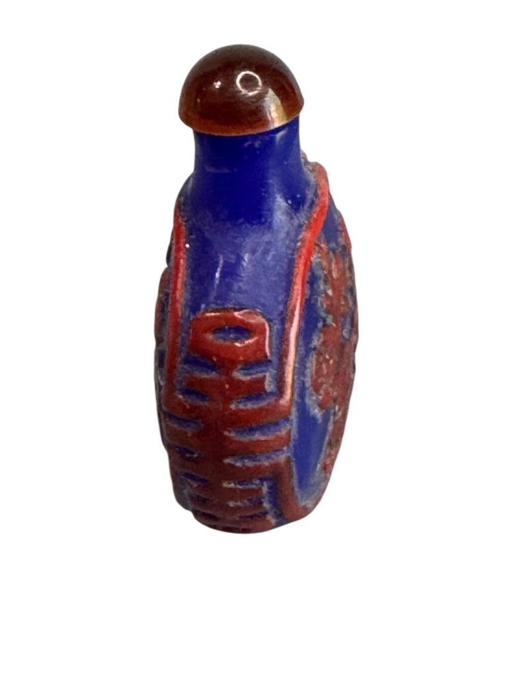 Chinese Snuff Bottle Blue Red Porcelain Relief Bird Floral 2.5" - Picture 6 of 10